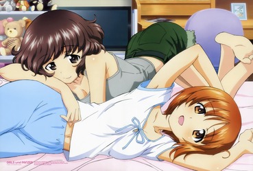 ガールズ&パンツァー ベッドに寝そべる薄着の西住みほと秋山優花里 画像 壁紙