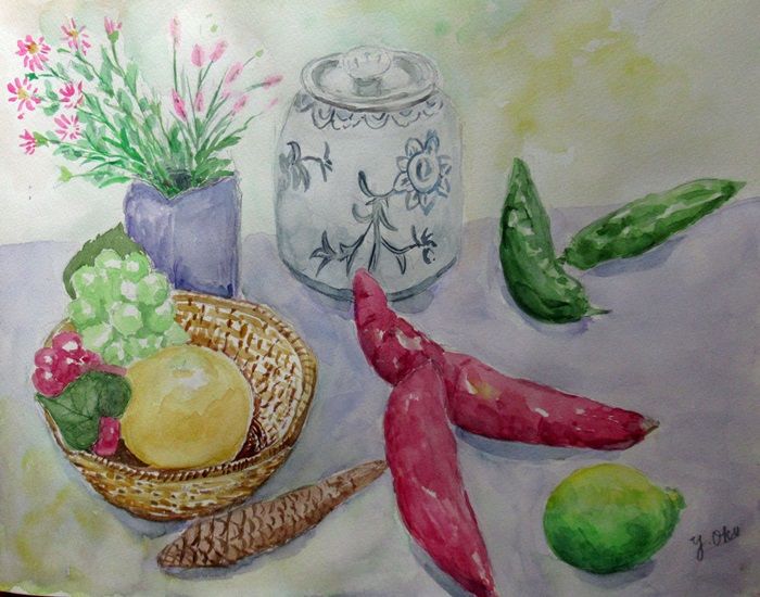 水彩画 野菜と果物 花筏