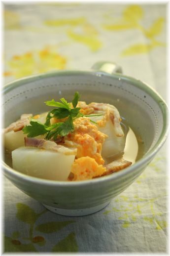 蕪とベーコンの卵とじ。 と献立。