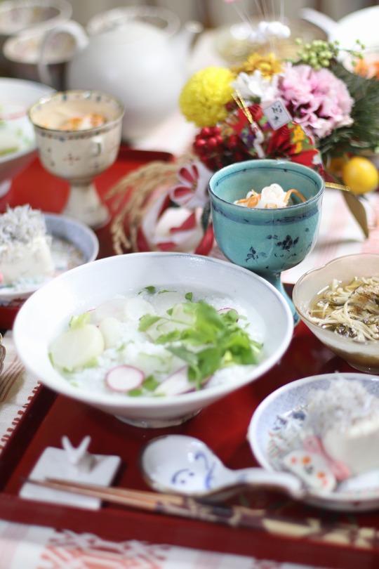 えのき　の　とろりお浸し。と　七草粥の献立。と　そういえばお誕生日。