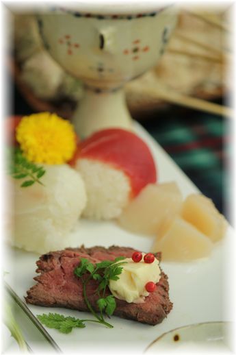 味噌チーズディップとローストビーフ。 と献立。