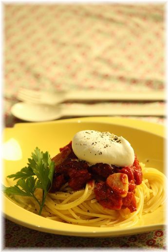 塩クリームトマトパスタ。 と献立。