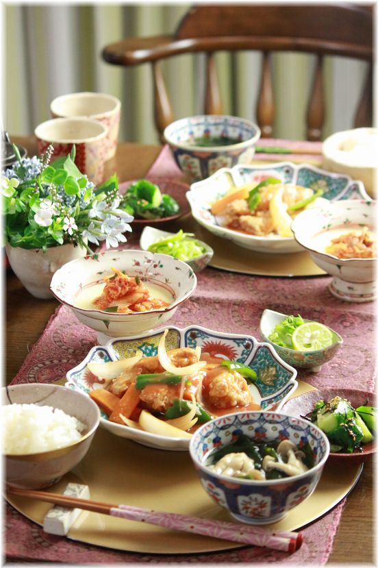 鶏天酢豚。と 献立。