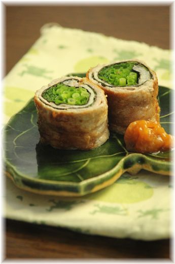 青ネギたっぷり海苔肉巻き。 と献立。