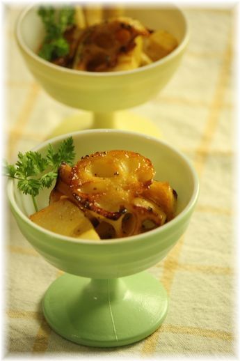 蓮根のはちみつカレー炒め。 と献立。