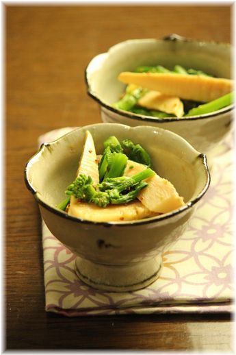 菜の花と筍のマスタード醤油和え。 と献立。