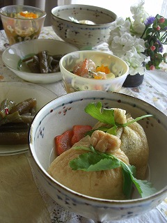 久々巾着煮。 と献立。