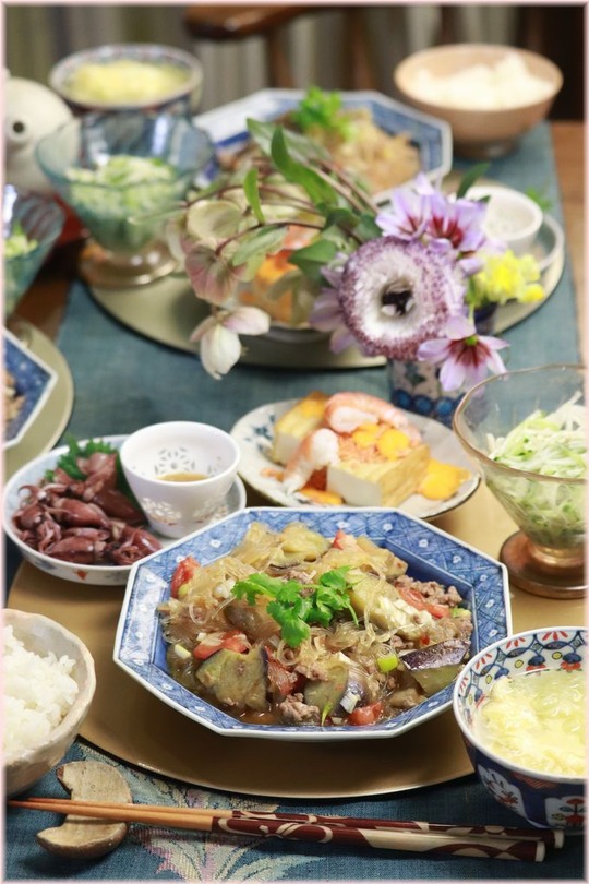 【レシピ】さっぱり茄子とトマトの麻婆春雨。と　献立。伝えきれないなあと思う事。