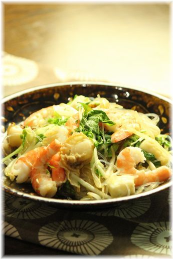 春雨と魚介のスープ炒め。 と 献立。