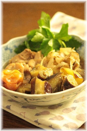 茄子と牛蒡と鶏肉の梅煮。 と 献立。