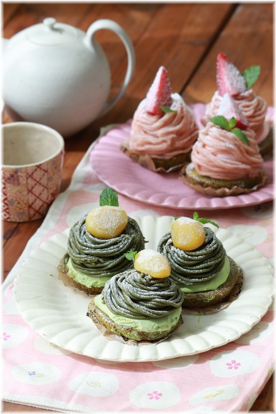  【レシピ】春のモンブラン♪桜モンブランと抹茶モンブラン。と　一緒にハナウタ。