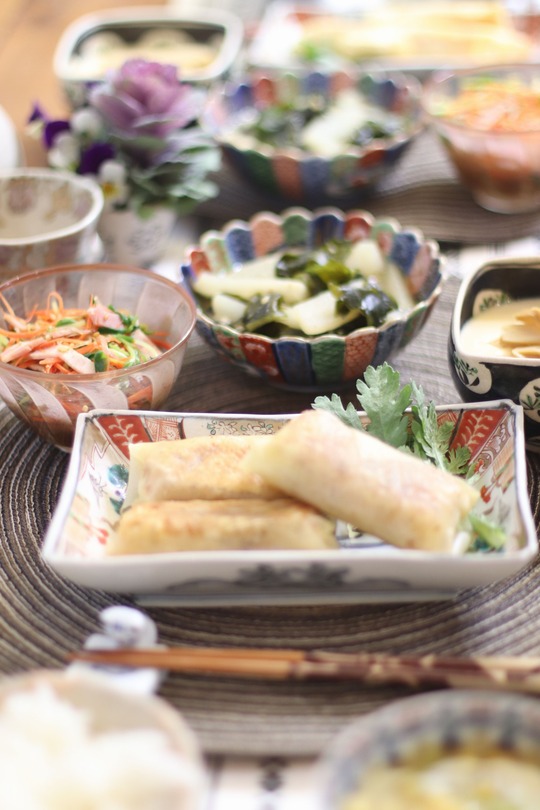 生ハムおかかお豆腐春巻き。と　献立。と　共通テストと左義長と。