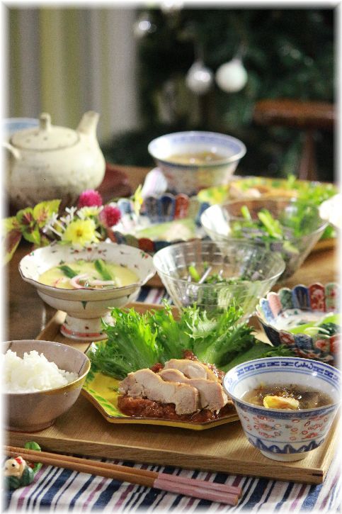 鶏肉チリソース。 と 献立。