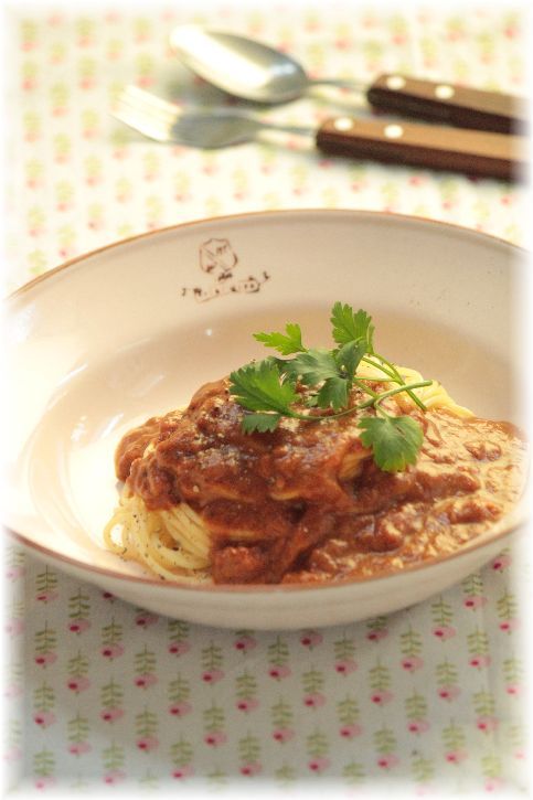 トマトカレーパスタ。と 献立。