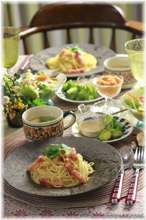 柚子とベーコンのパスタ。 と 献立。