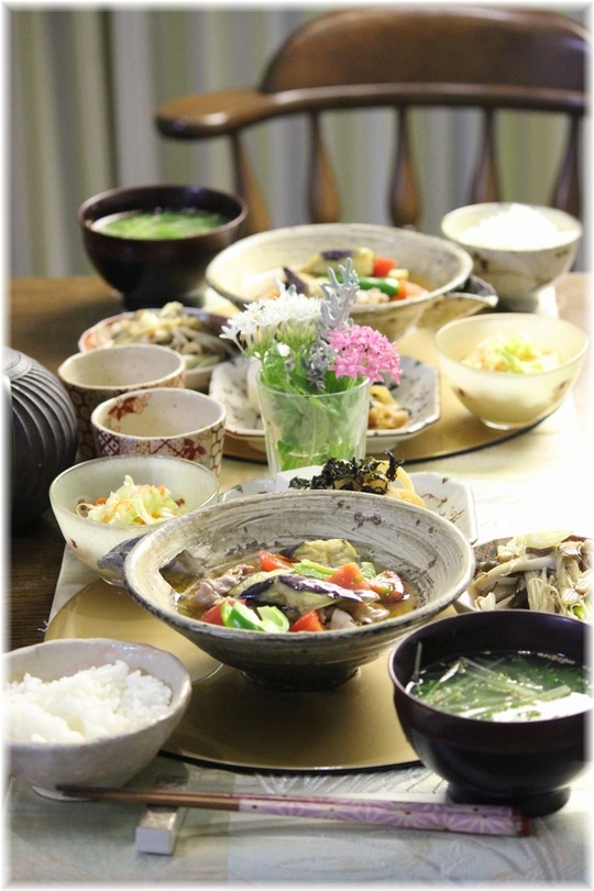 【レシピ】豚肉と茄子のあったか煮びたし。　と　献立。