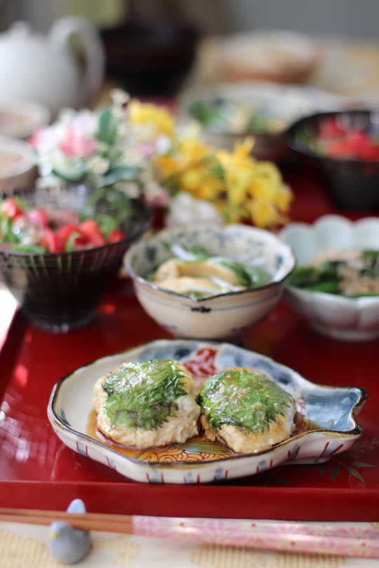 【レシピ】はんぺん生姜つくね。と　献立。と　お花。