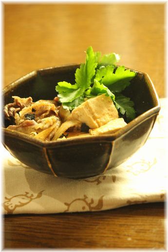 海苔ごぼうの肉豆腐。 と 献立。
