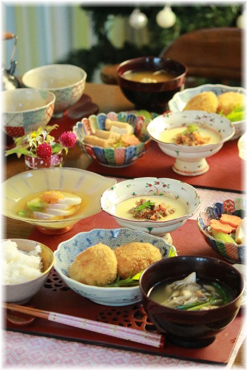 里芋の揚げ出しコロッケ。 と 献立。