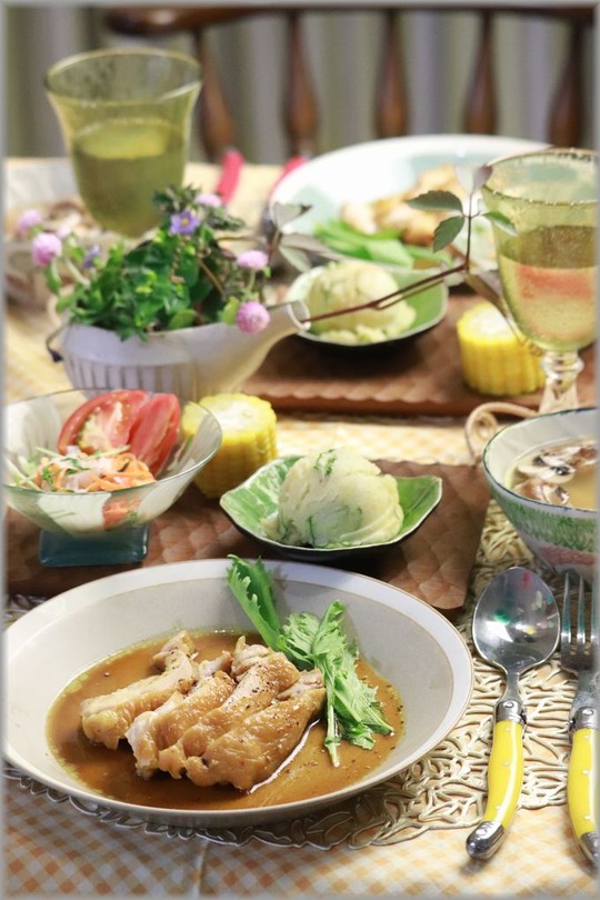 【レシピ】レンチンカレー照り焼き。と　献立。と　ひまわりと、いつかの　ひまわり。