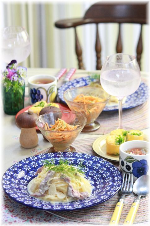 ツナの味噌クリームパスタ。 と 献立。