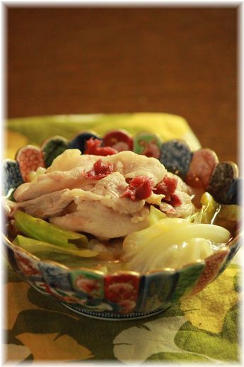 キャベツと豚肉の梅おかか煮。 と 献立。