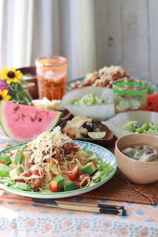  【レシピ】レンチン1回！タコ焼きそば。と　献立。と　夕焼け。