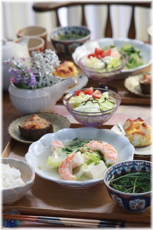 【レシピ】さっぱり夏の海老豆腐。と　献立。と　静止画と動画。