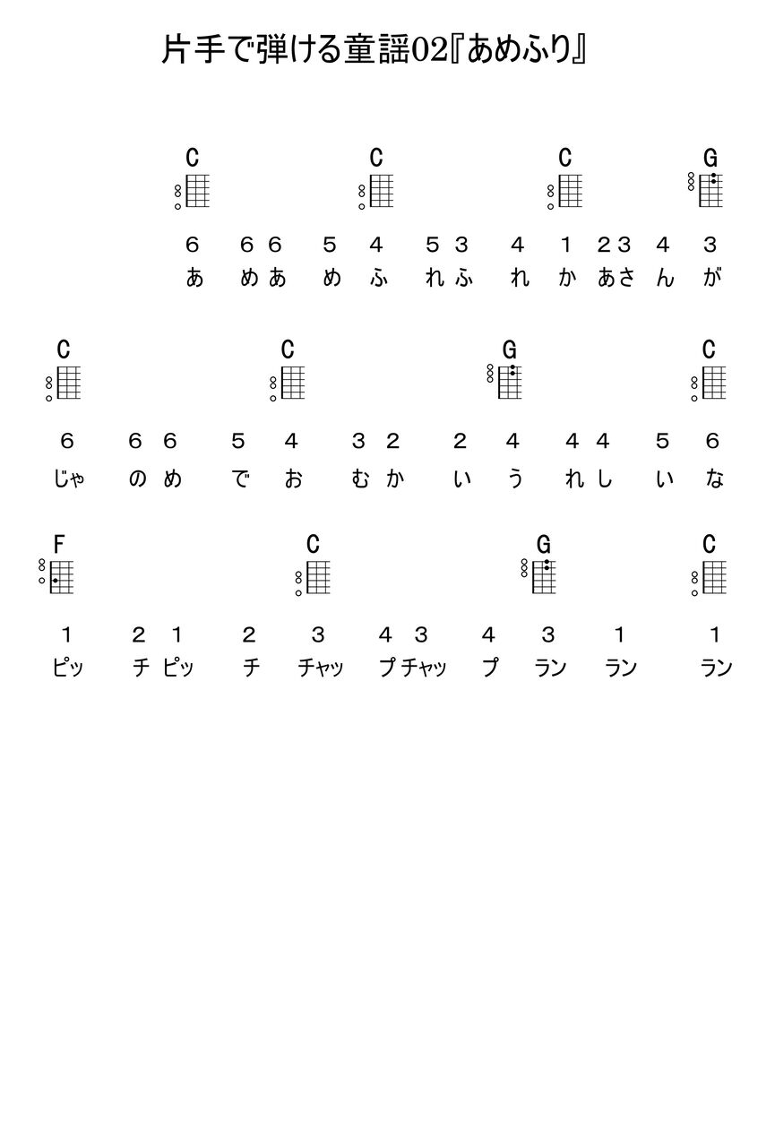 片手で弾ける曲 童謡02 あめふり の楽譜と練習用動画 認知症予防に効果的 弾く脳トレ よなおしギター