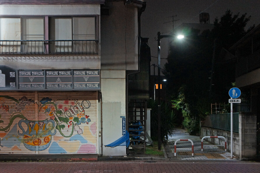 夜散歩のススメ2742 緑道と中通り商店街のシャッター絵 夜散歩のススメ