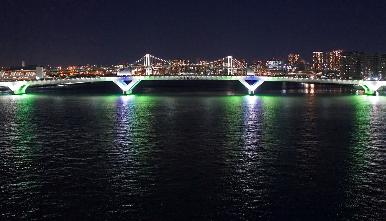 夜散歩のススメ3398 豊洲大橋にのるレーンボーブリッチ 夜散歩のススメ