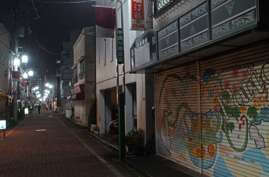 夜散歩のススメ2742 緑道と中通り商店街のシャッター絵 夜散歩のススメ 夜散歩のススメ2742 緑道と中通り商店街のシャッター絵 夜散歩のススメ
