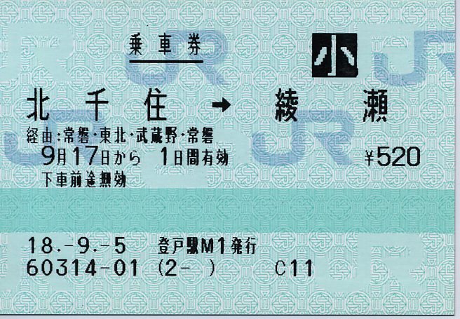 北千住 綾瀬間相互発着の乗車券 タカタカb 一枚のキップから 北千住 綾瀬間相互発着の乗車券 タカタカb 一枚のキップから