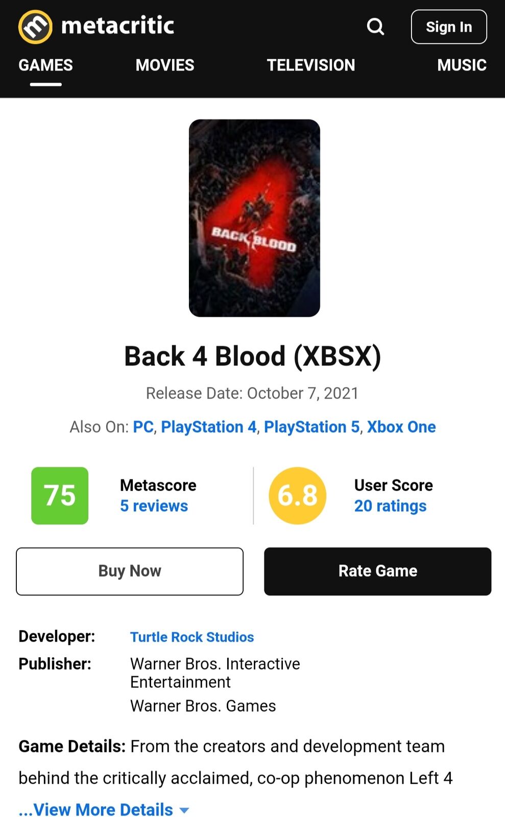 【B4B】『Back 4 Blood』メタスコア微妙な評価でスタート : Y速報