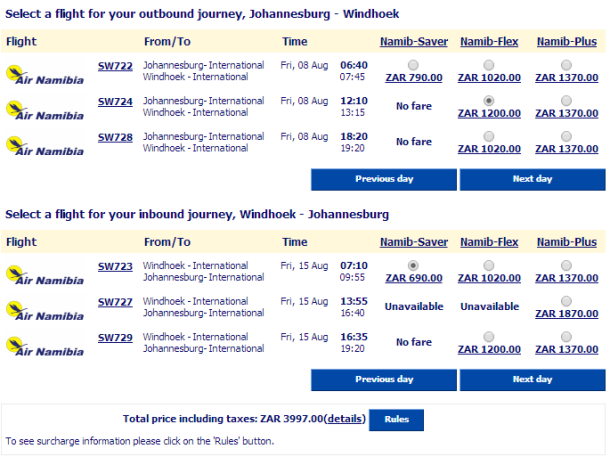 Air namibia Fare