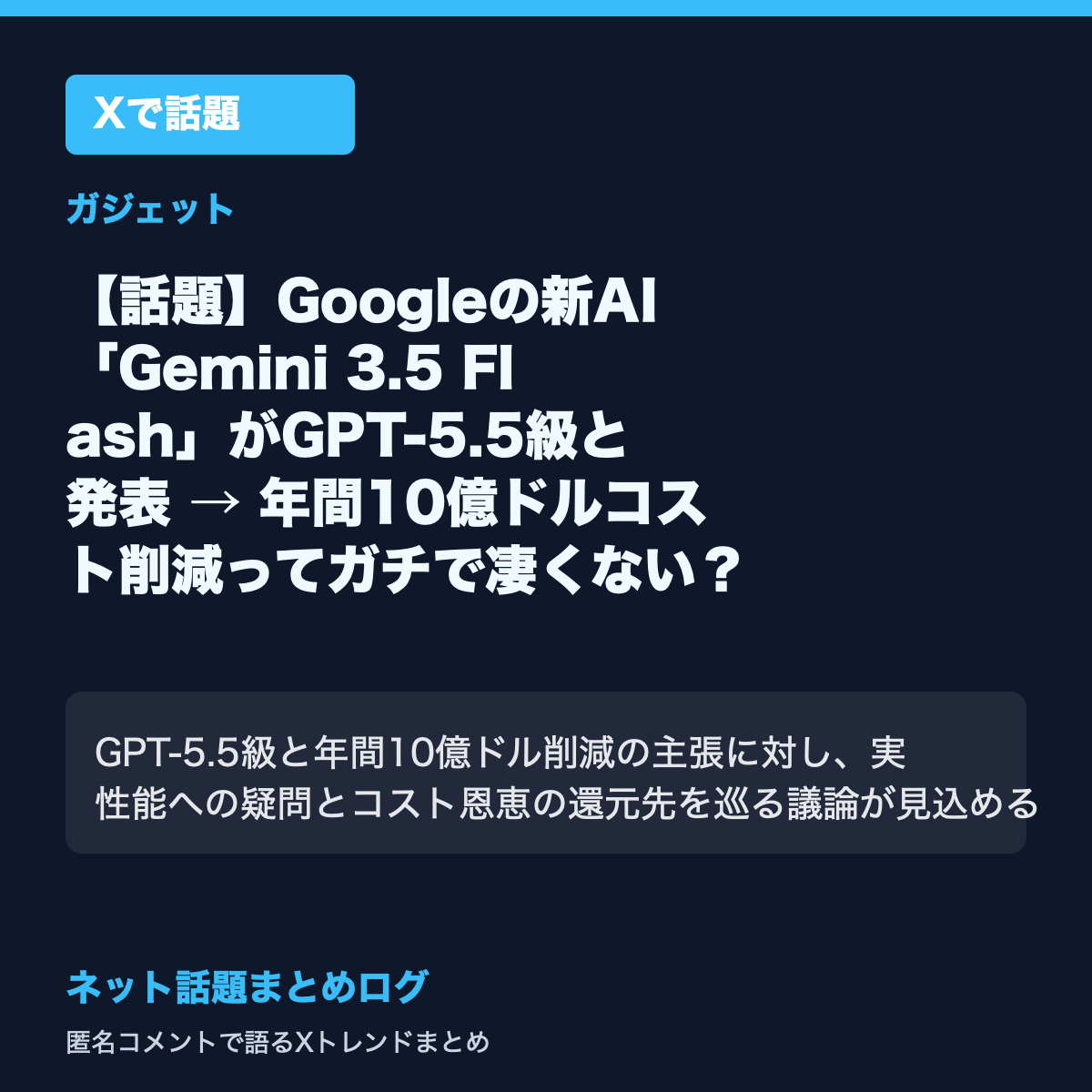 【話題】Googleの新AI「Gemini 3.5 Flash」がGPT-5.5級と発表 → 年間10億ドルコスト削減ってガチで凄くない？