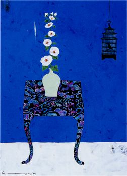 マツモトヨーコ ドローイング 絵画 「微妙な関係」 ポピーと季節の花ば