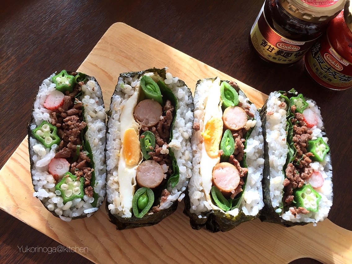 甜麺醤と豆板醤でひき肉の味噌炒めのおにぎらず At My Kitchen レシピブログ