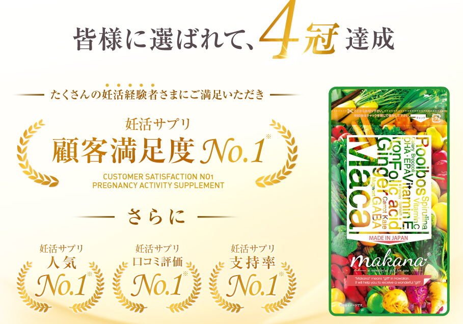 マカナ 顧客満足ＮＯ．１
更に、妊活サプリ人気、妊活サプリ口コミ評価、妊活サプリ支持率ＮＯ．１