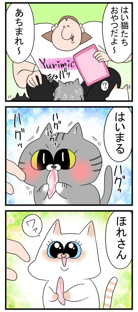 おやつを食べる時でさえ個性が溢れる猫