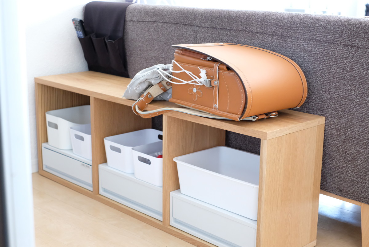 無印・スタッキングシェルフ・リビング・ソファ裏・ランドセル収納①