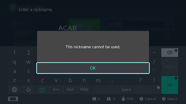 任天堂 ニンテンドースイッチ 禁止用語 ACAB