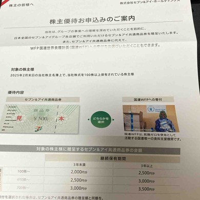セブン＆アイ・ホールディングス（3382）から株主優待の案内が届きました