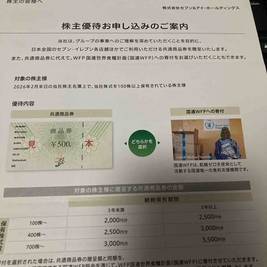 セブン＆アイ・ホールディングス（3382）から株主優待の案内が届きました