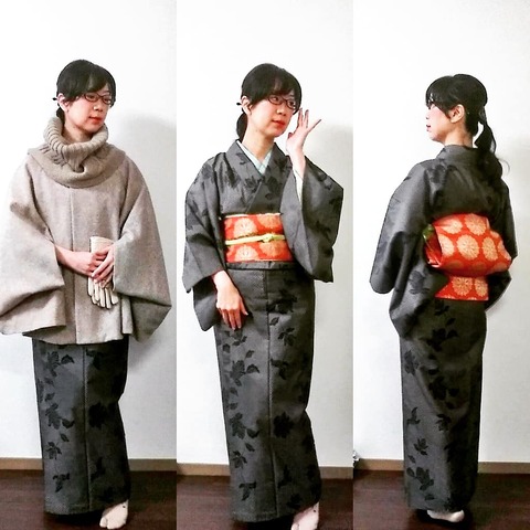 大島紬にオレンジの帯で昭和の教育ママ風に 四十代で楽しむ普段着物