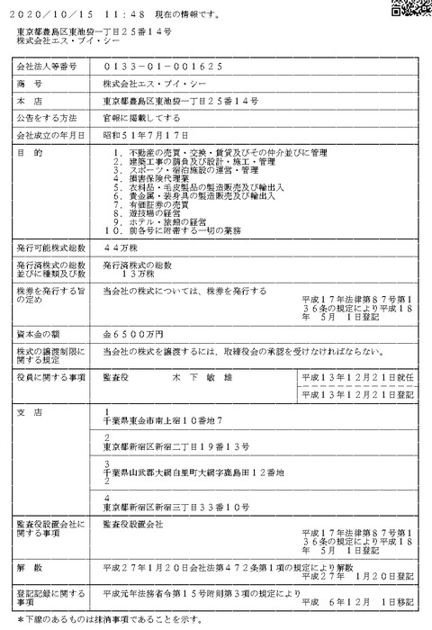 株式会社エス・ブイ・シー法人登記簿