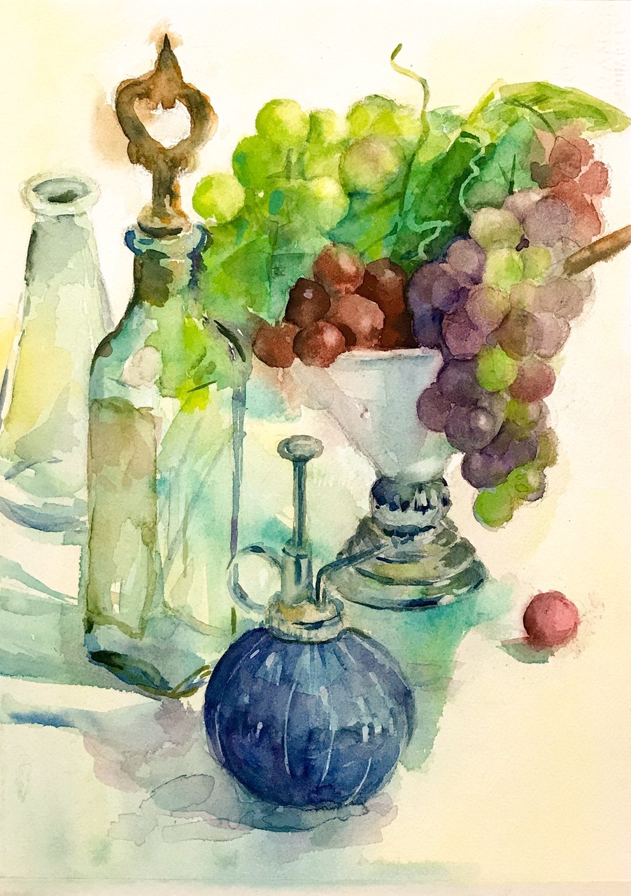 水彩画 ブドウとガラス器 ゆず色の風
