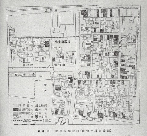 三条地区の現状図(建物の用途分類)