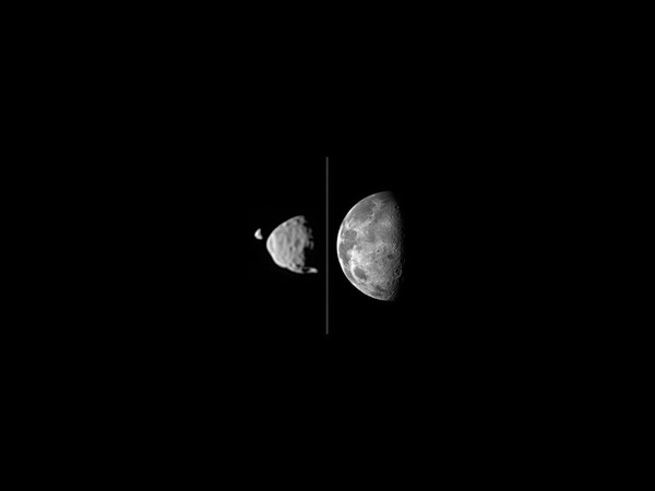 地上見たデイモス、フォボス、月の比較