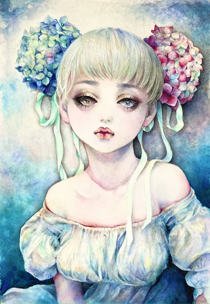 透明水彩画原画「チューリップの咲く公園」額縁付F4サイズ風景画
